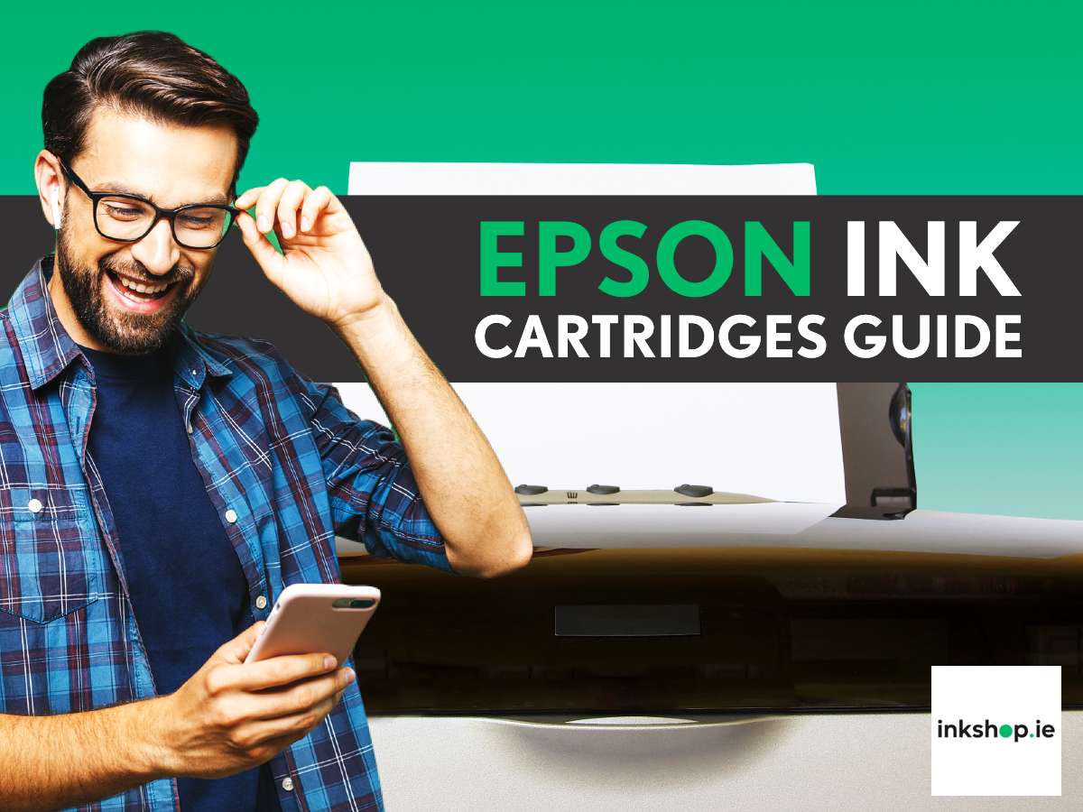 Happy man sending print job to Epson printer behind him, green branding colours with text reading Epson Ink Cartridges Guide