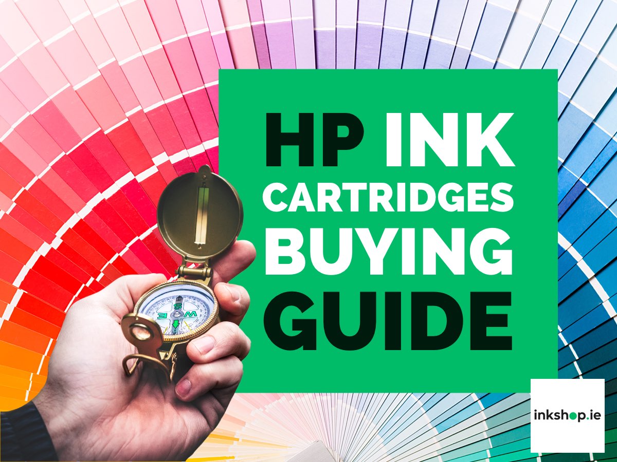 HP Ink cartridges guide text on green background hand with compass in foreground