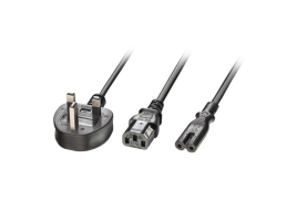 Lindy 2.5m UK 3 Pin Plug to IEC C13 & IEC C7 Splitter Extension Cable, Black